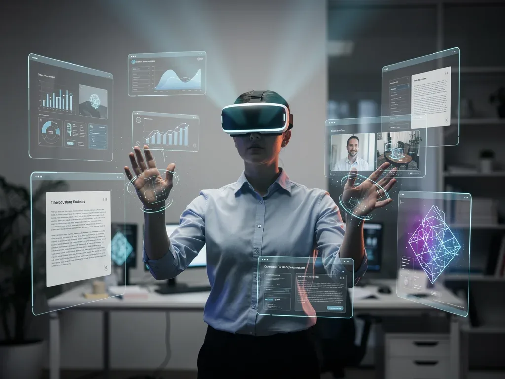 Person using a spatial computing headset to interact with holographic displays, replacing a multi-monitor desktop.