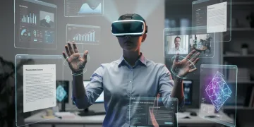 Person using a spatial computing headset to interact with holographic displays, replacing a multi-monitor desktop.