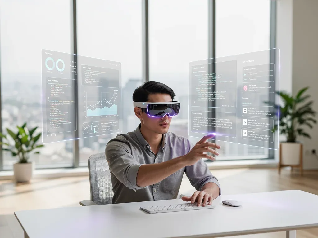 Office worker using spatial computing for productivity, replacing physical monitors.