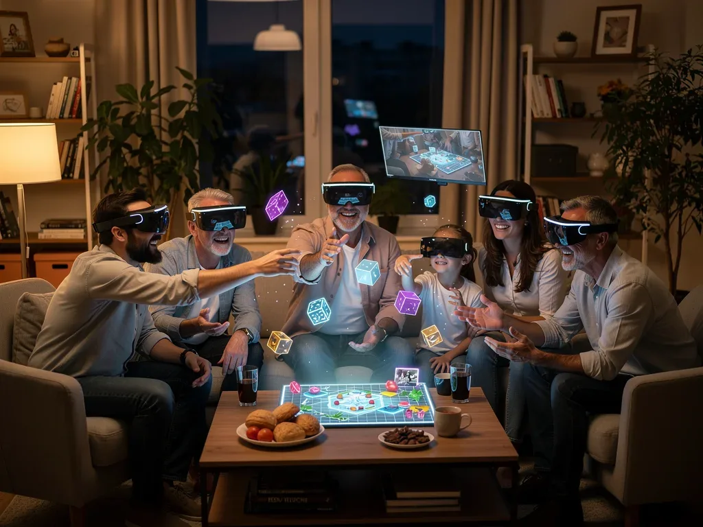 People in a living room using spatial computing for shared immersive experiences.