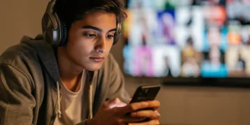 Gen Z listener enjoying a long-form podcast on a smartphone, escaping short-form video overload.