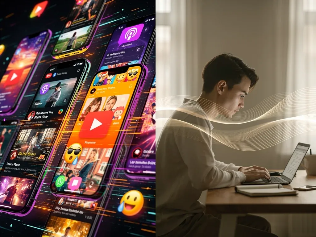 Contrast between chaotic short-form video and calm, focused long-form podcast consumption.