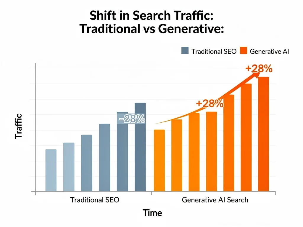 Bar chart showing 28 percent traffic shift from classic SEO to generative AI