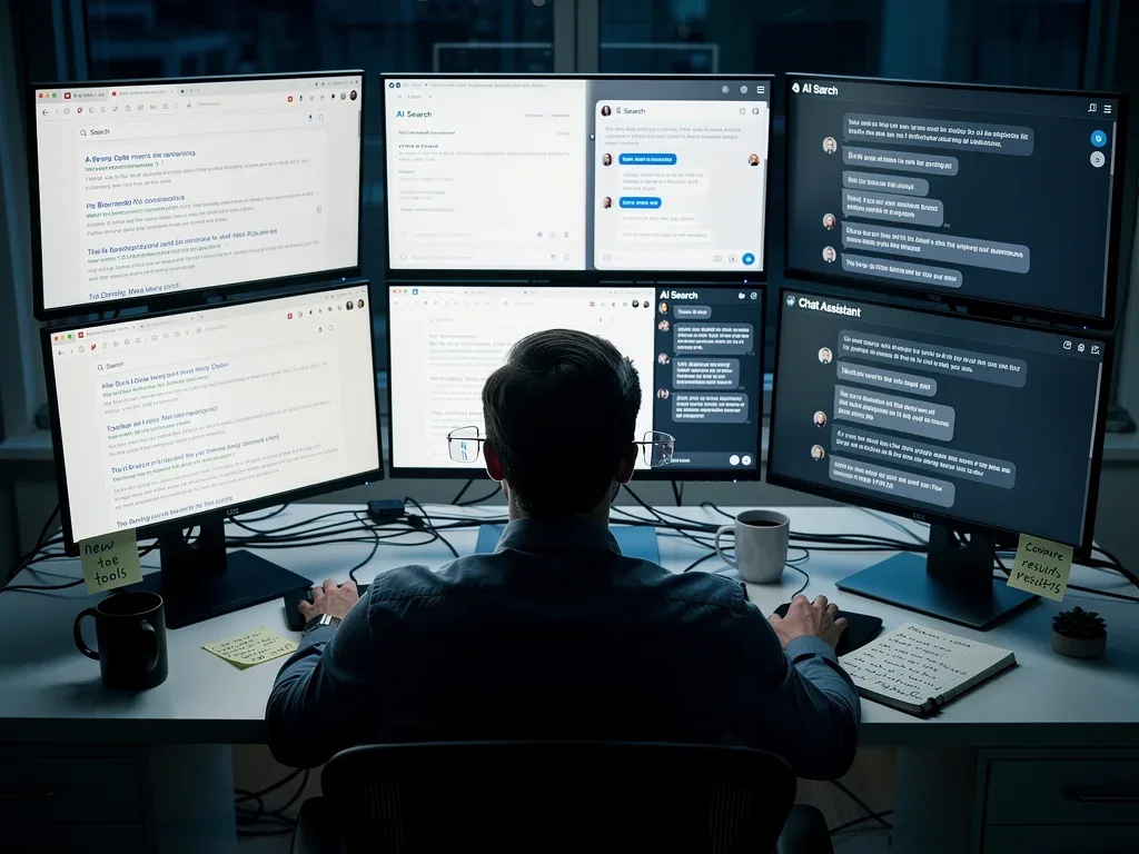 Marketer analyzing generative AI and traditional search results on multiple screens
