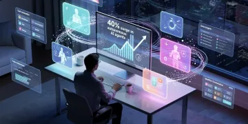Futuristic remote workspace with autonomous AI agents assisting a US worker