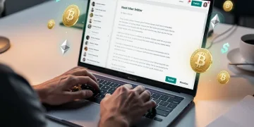 Hands typing on laptop, digital currency symbols, niche newsletter monetization