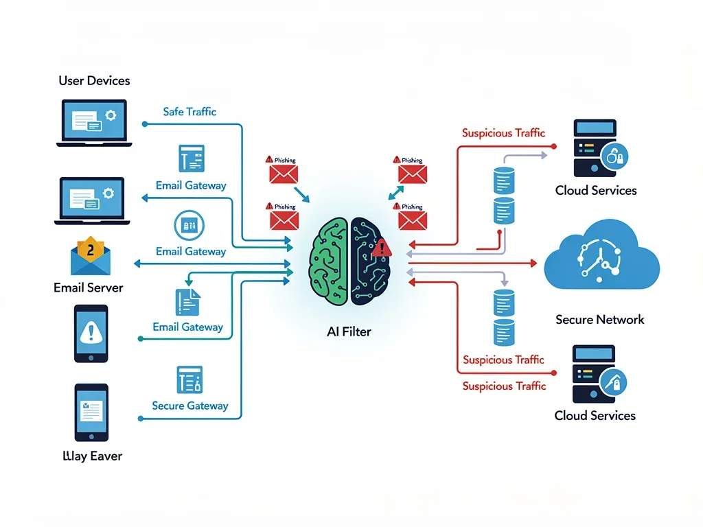 AI algorithms analyzing network traffic for phishing threats