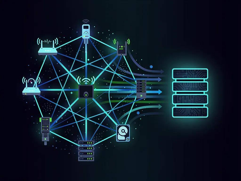Diagram showing data flow in a decentralized physical infrastructure network (DePIN).