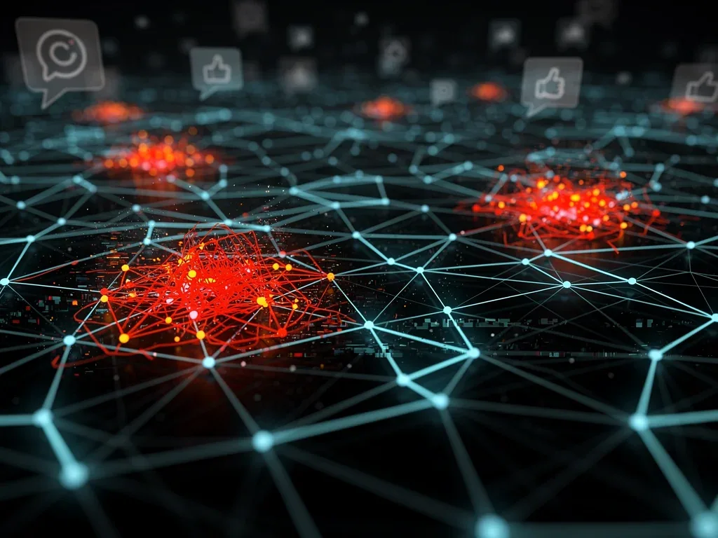 Digital network showing the spread of deepfake disinformation on social media.