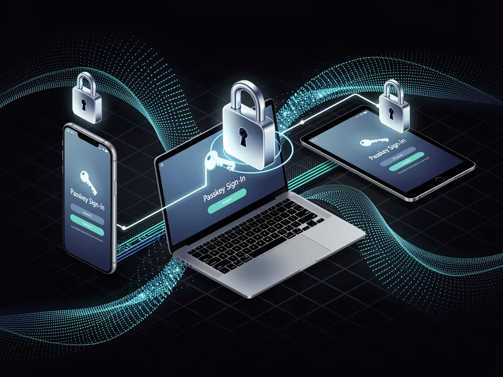 Secure multi-device access with passkeys, showing interconnected digital platforms.