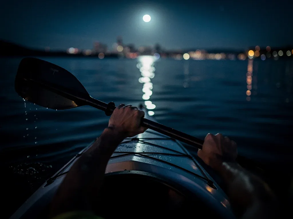 Hands paddling a kayak at night, reflecting serene water and distant lights.