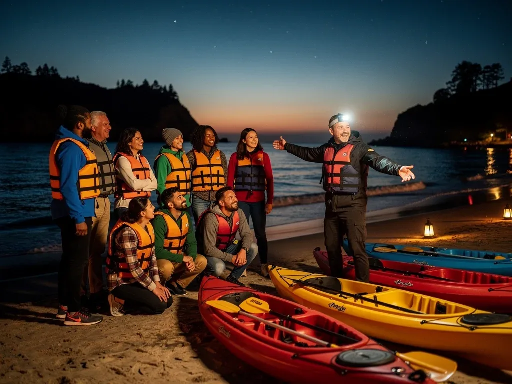 Group of kayakers and guide preparing for a night expedition at dusk.