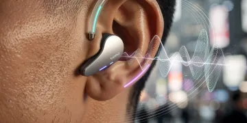 Sleek AI audio device in a person's ear, reducing screen time