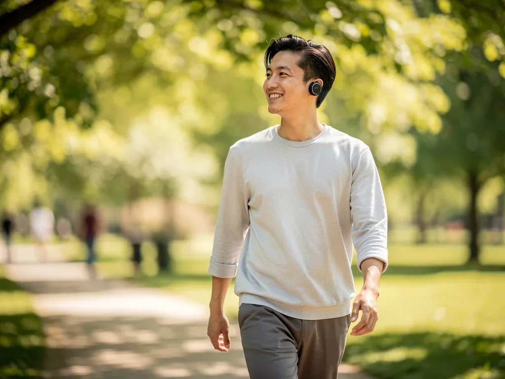 Person enjoying outdoors with AI audio device, no screen