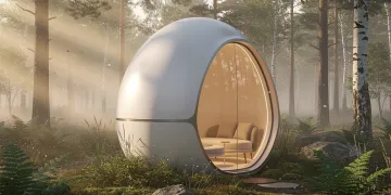 Futuristic solitude pod in a tranquil forest setting at dawn, symbolizing nature immersion and introspection.