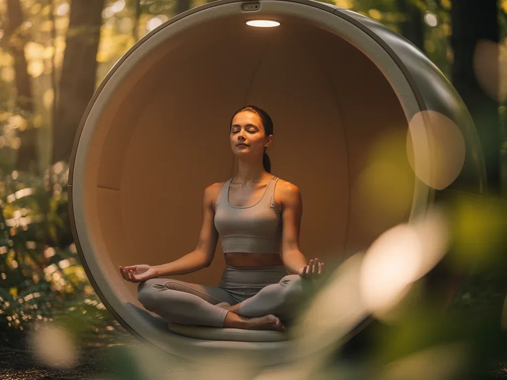 Person meditating inside a nature solitude pod, experiencing deep sensory immersion.