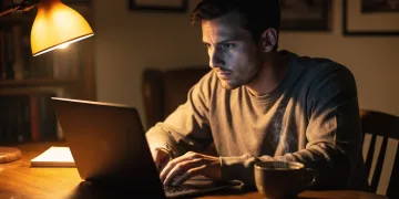 Creator focused on writing a long-form essay on a laptop
