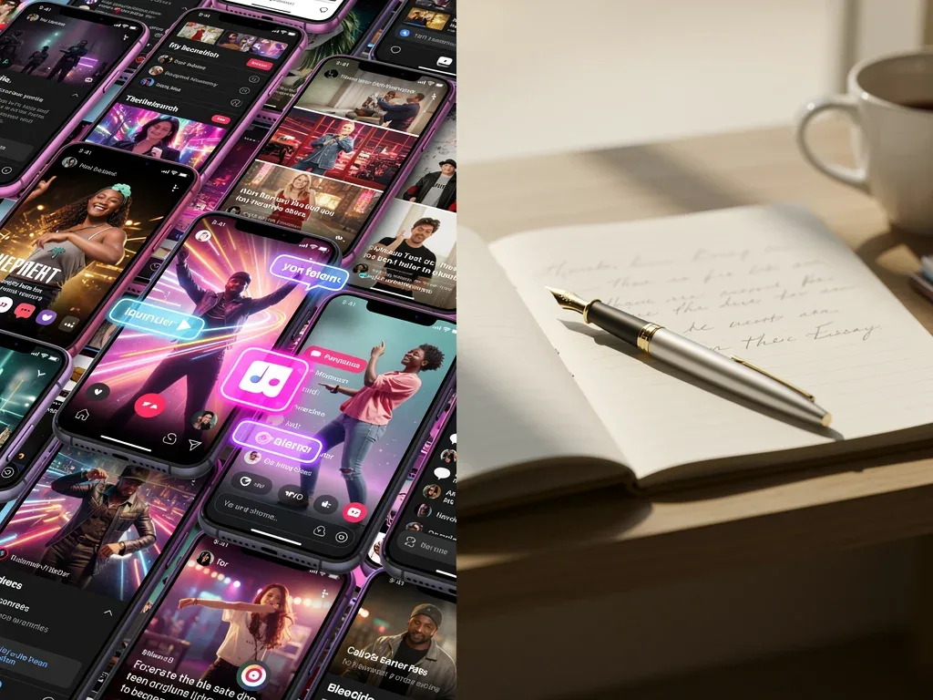 Contrast between chaotic short-form video and calm long-form essay writing