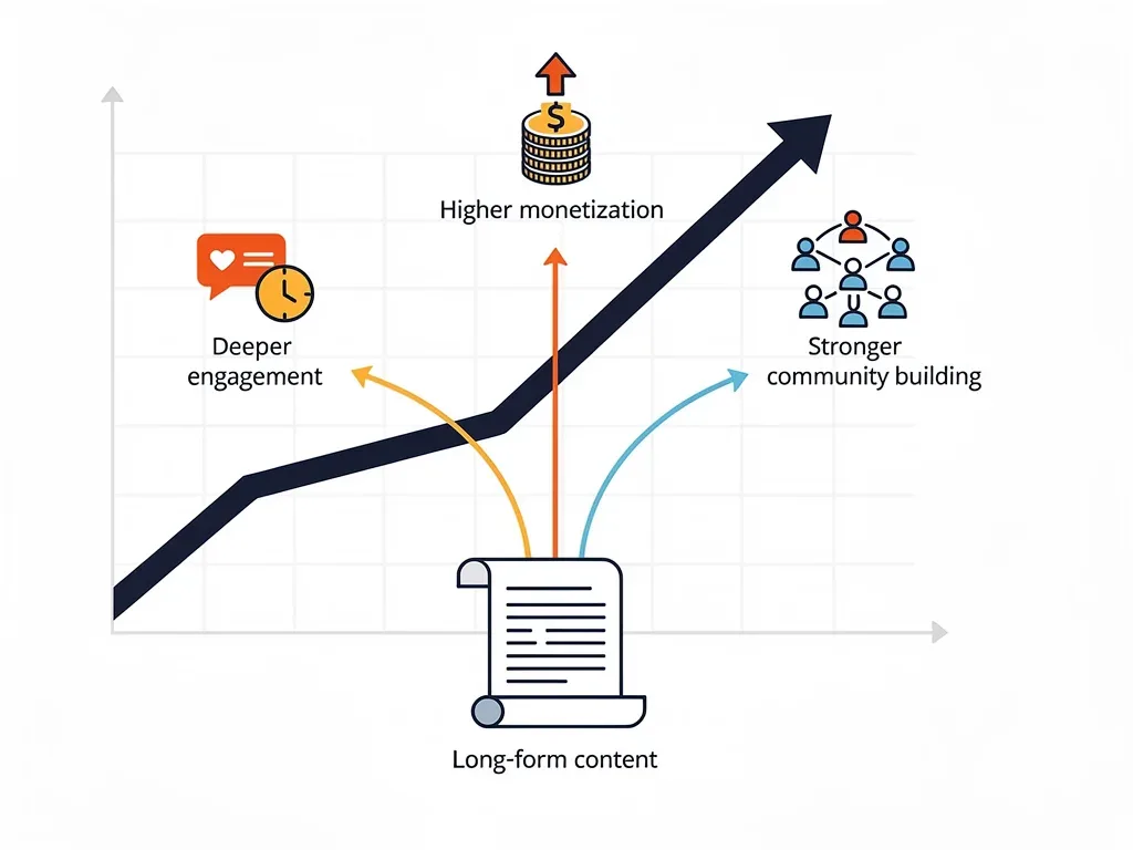 Growth chart showing benefits of long-form content: engagement, monetization, community