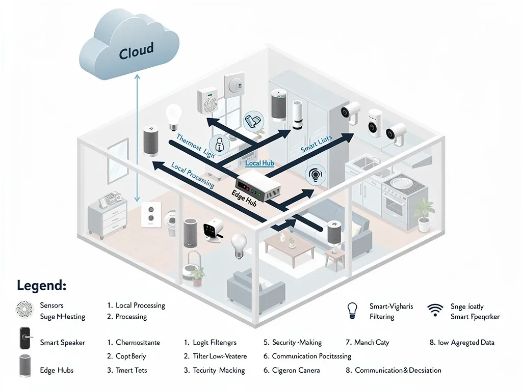 Edge computing architecture diagram for smart homes showing local data processing