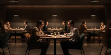 Diners enjoying a quiet, focused meal in a high-tech restaurant with spatial audio, enhancing their culinary experience.