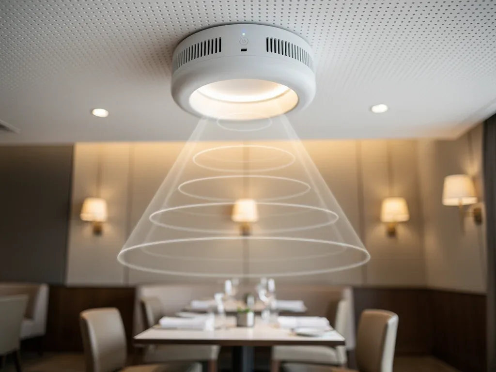 Discreet spatial audio emitter integrated into a modern restaurant ceiling, delivering personalized sound.