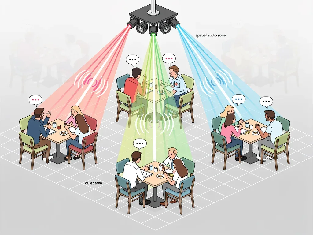 Diagram showing targeted sound zones for individual diners using spatial audio technology in a restaurant.
