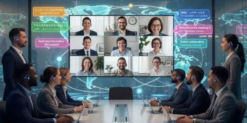 Professionals using sub-second translation earbuds for global communication