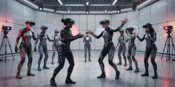 Players engaging in full-body haptic VR gaming in a futuristic arena, experiencing next-gen physical simulation.