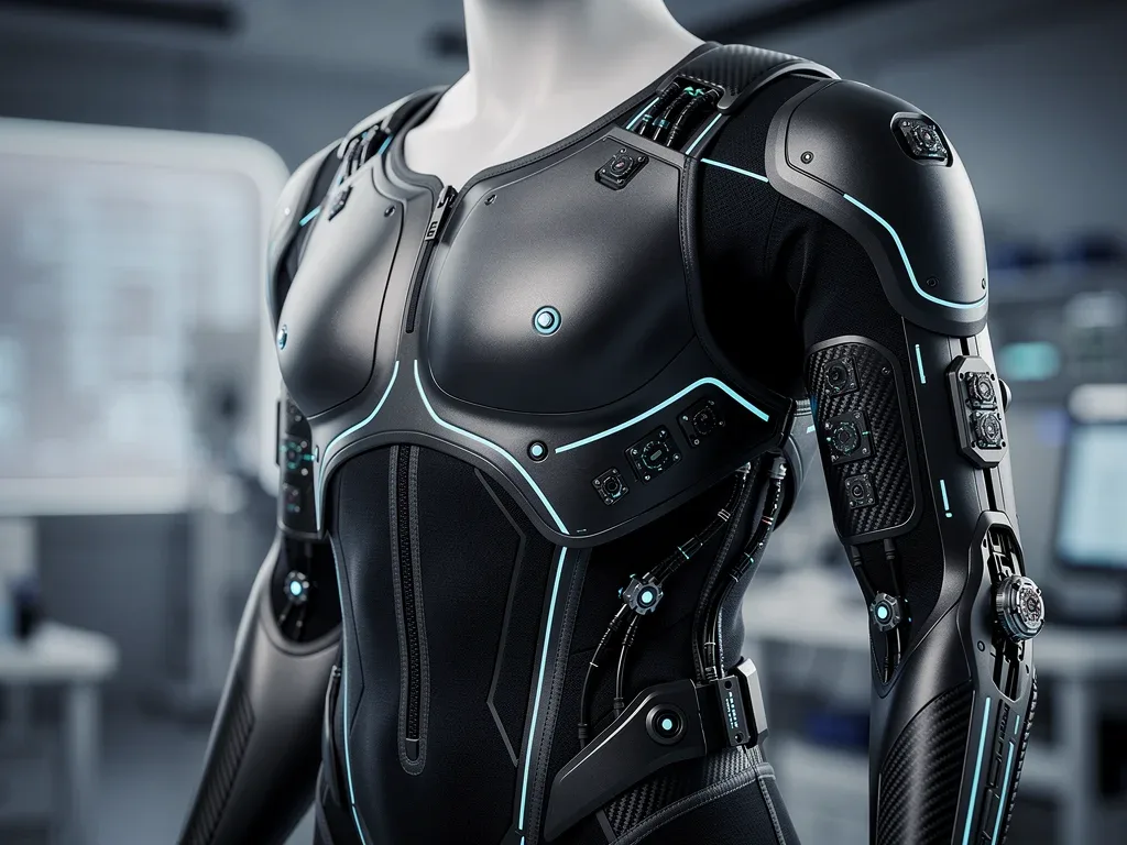 Detailed view of an advanced full-body haptic suit, highlighting its integrated sensors and tactile feedback.
