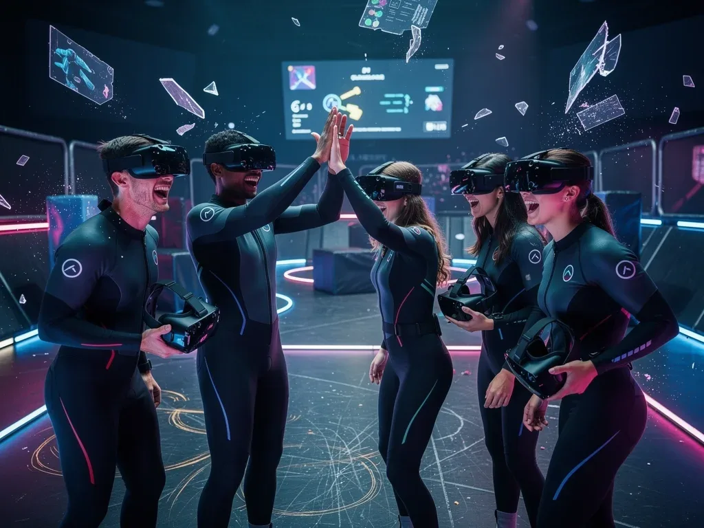 Friends celebrating and discussing their immersive experience after a full-body haptic VR gaming session.