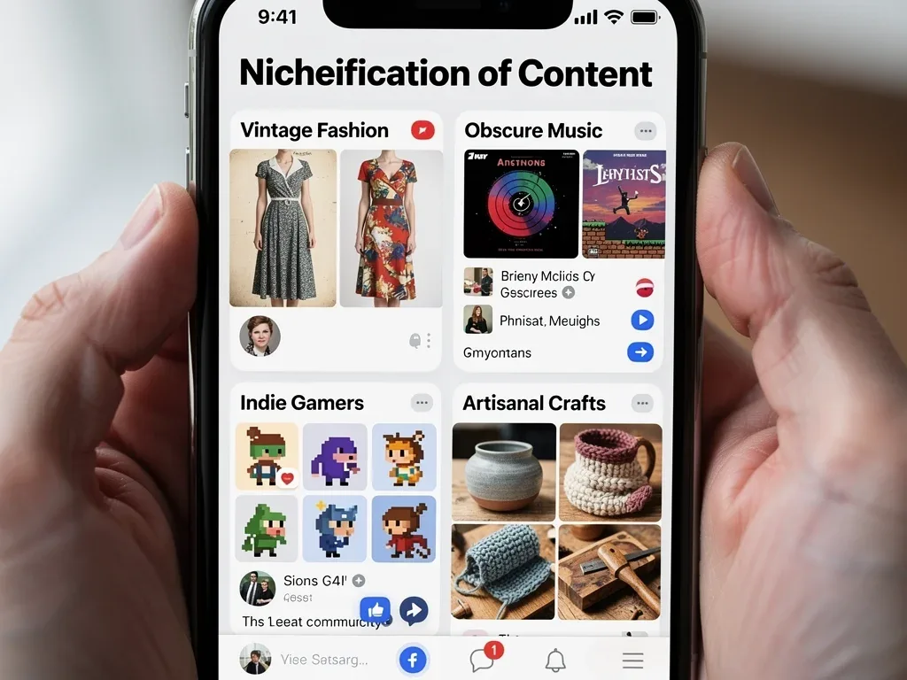 Smartphone displaying diverse niche content feeds, reflecting personalized Gen Z interests.