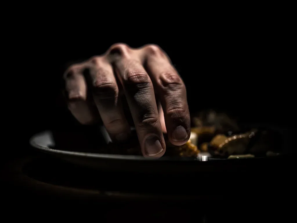 Hand exploring food in complete darkness