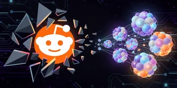 Fragmented Reddit logo with users migrating to private alternative communities, representing platform shifts.