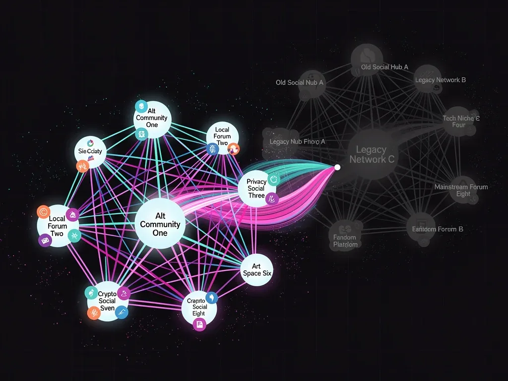 Network diagram of decentralized social platforms and niche forums, showing user migration.