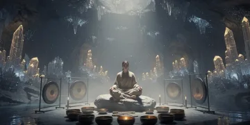 Person meditating in a subterranean cave during a sound bath session, surrounded by glowing crystals.