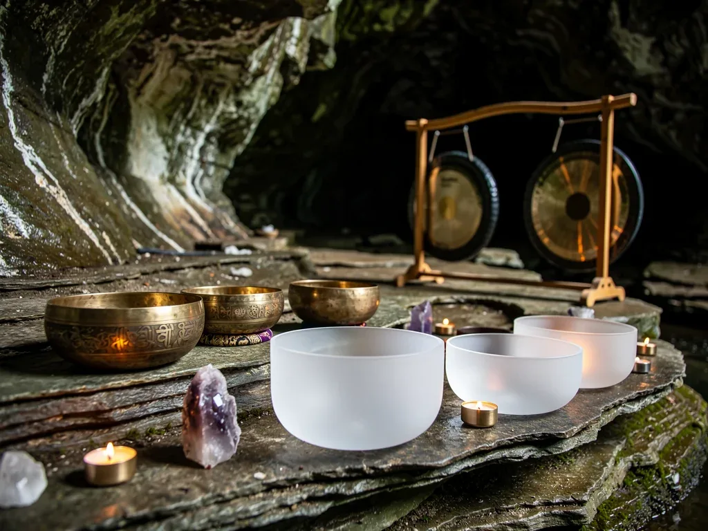 Crystal singing bowls and gongs arranged on cave rocks for a sound bath.