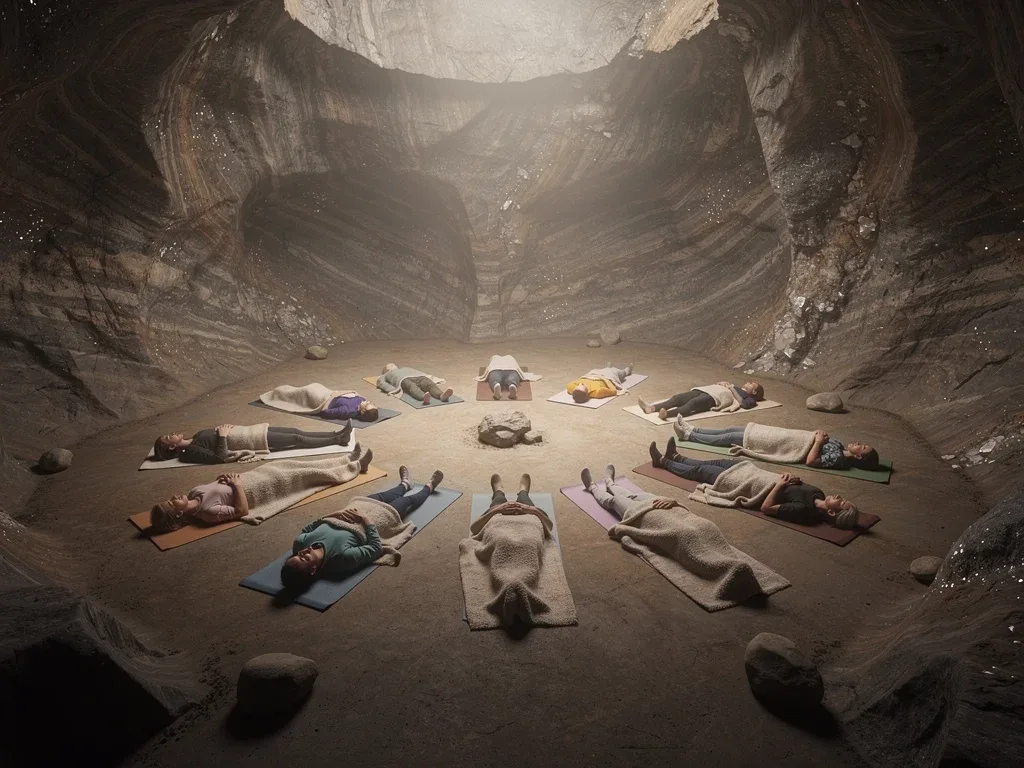 Participants experiencing a deep relaxation sound bath in a large underground cavern.