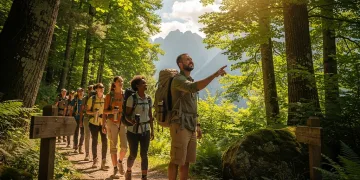 Hikers on a regenerative trail expedition in a vibrant forest