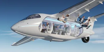 Futuristic commercial microgravity aircraft in flight, passengers floating inside