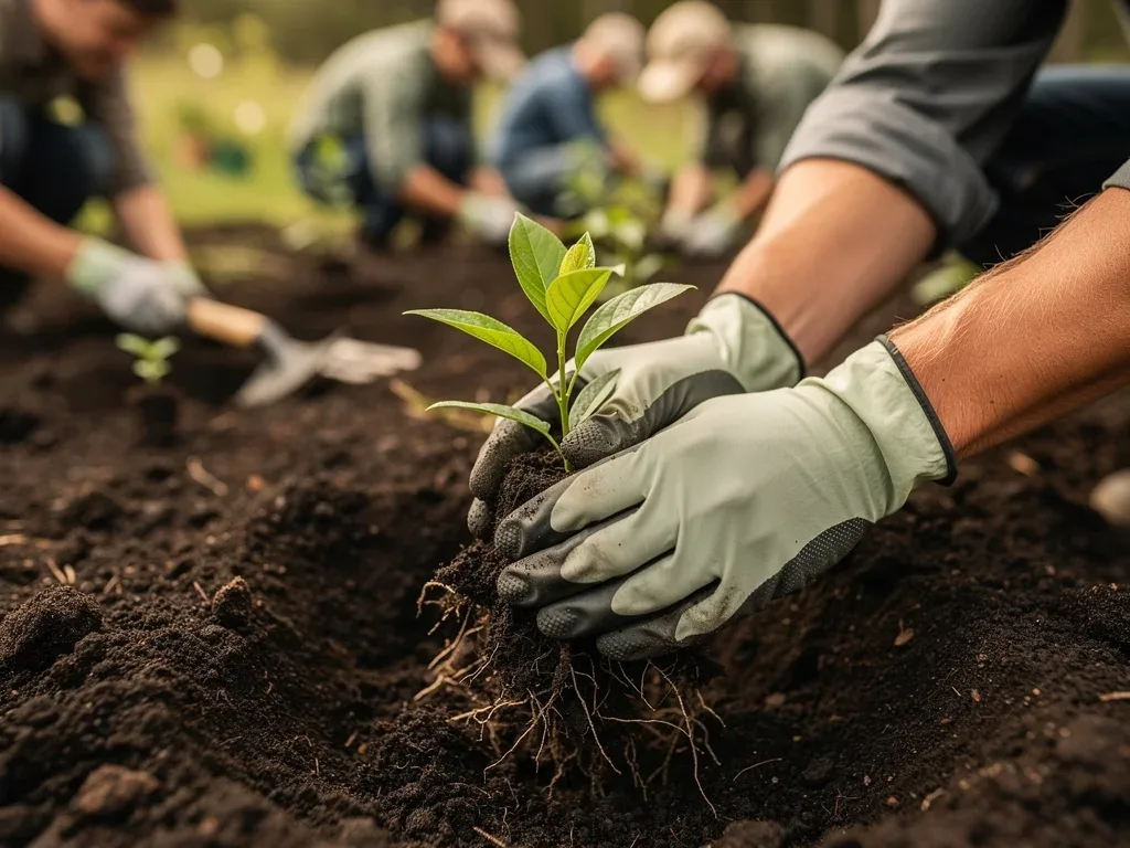 Volunteers planting a sapling during a conservation trek