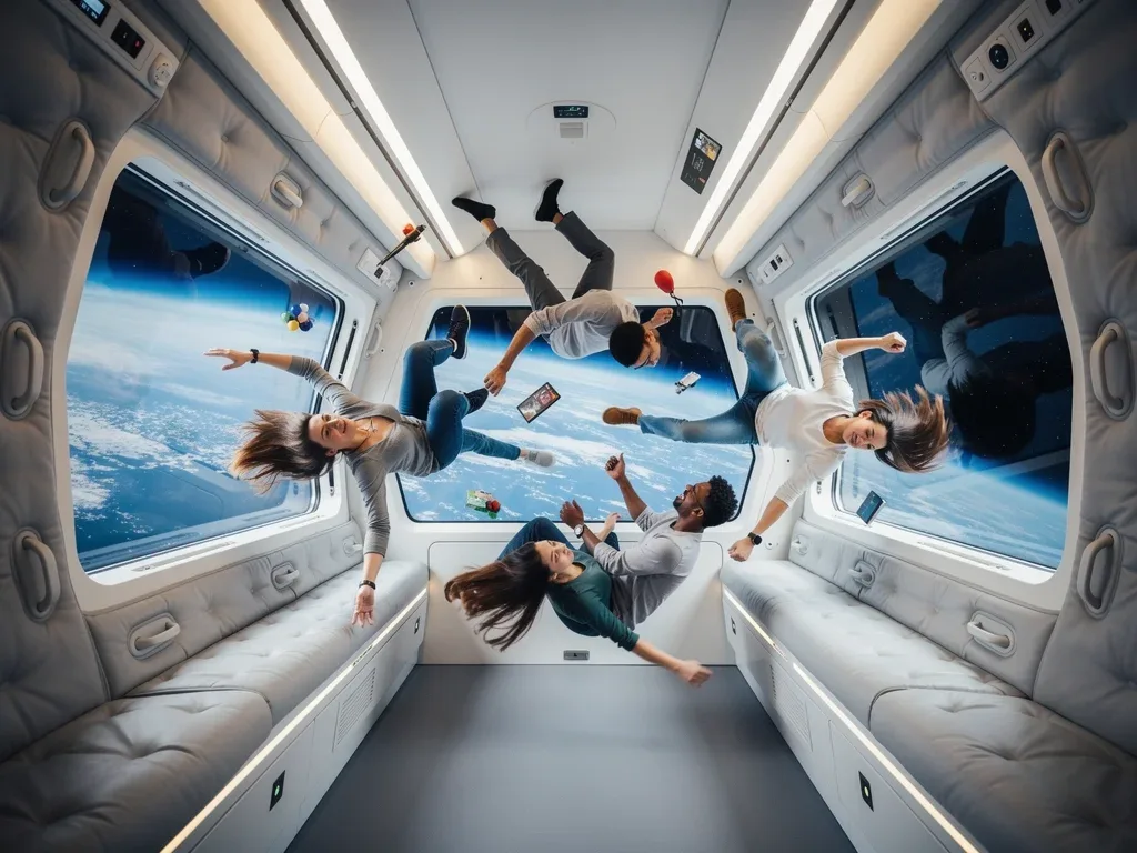 Passengers experiencing zero-gravity inside a microgravity flight cabin
