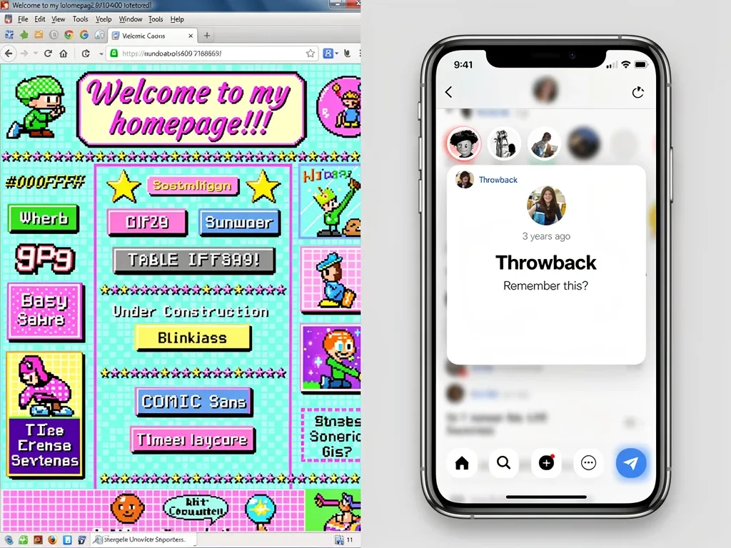 Early 2000s web design contrasted with modern social media throwback
