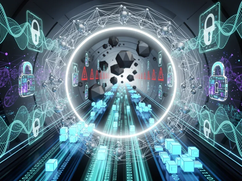 Data flow protected by quantum-resistant encryption, showing secure digital pathways