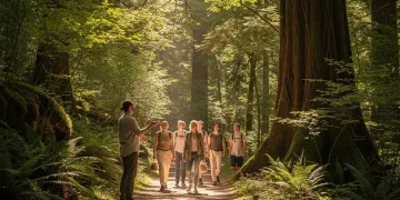 People on a guided forest bathing walk in a sunlit, serene forest, experiencing nature's calming effects.
