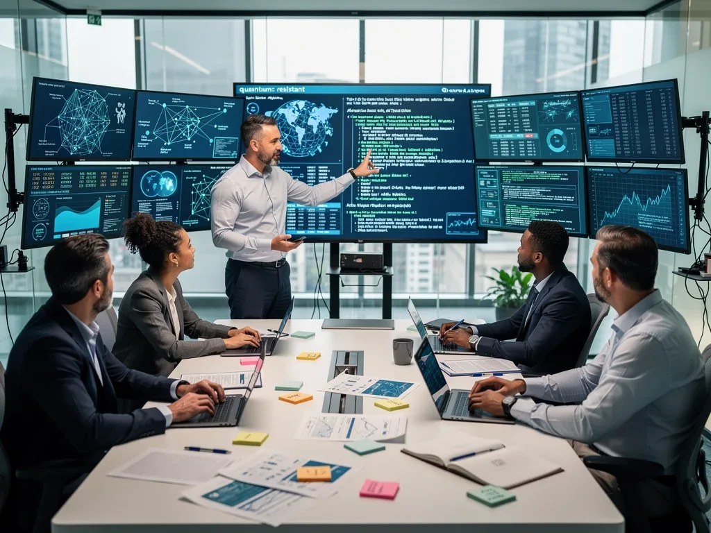 Cybersecurity team collaborating on quantum-resistant protocol implementation strategies