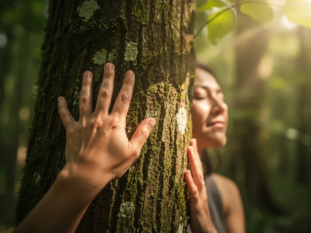 Person touching tree bark during forest bathing, connecting with nature through touch.