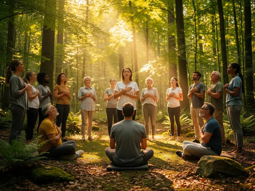 Group practicing deep breathing in a forest clearing during a guided mindfulness session.