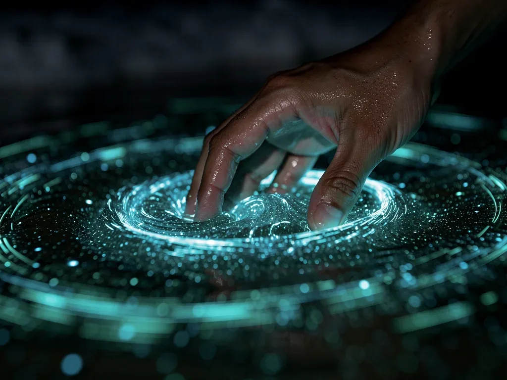Hand interacting with glowing bioluminescent water, showing concentrated light.