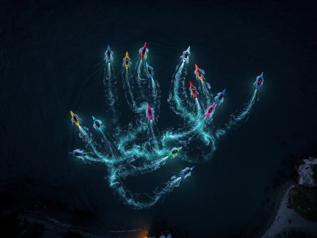 Group of kayaks leaving bright bioluminescent trails in a dark bay.